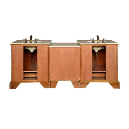Silkroad Exclusive 87" Double Sink Walnut Modular Bathroom Vanity With Crema Marfil Marble Countertop and White Ceramic Undermount Sink - JB-0270-CM-UWC-87