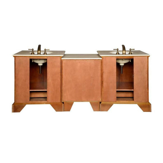 Silkroad Exclusive 87" Double Sink Walnut Modular Bathroom Vanity With Crema Marfil Marble Countertop and White Ceramic Undermount Sink - JB-0270-CM-UWC-87