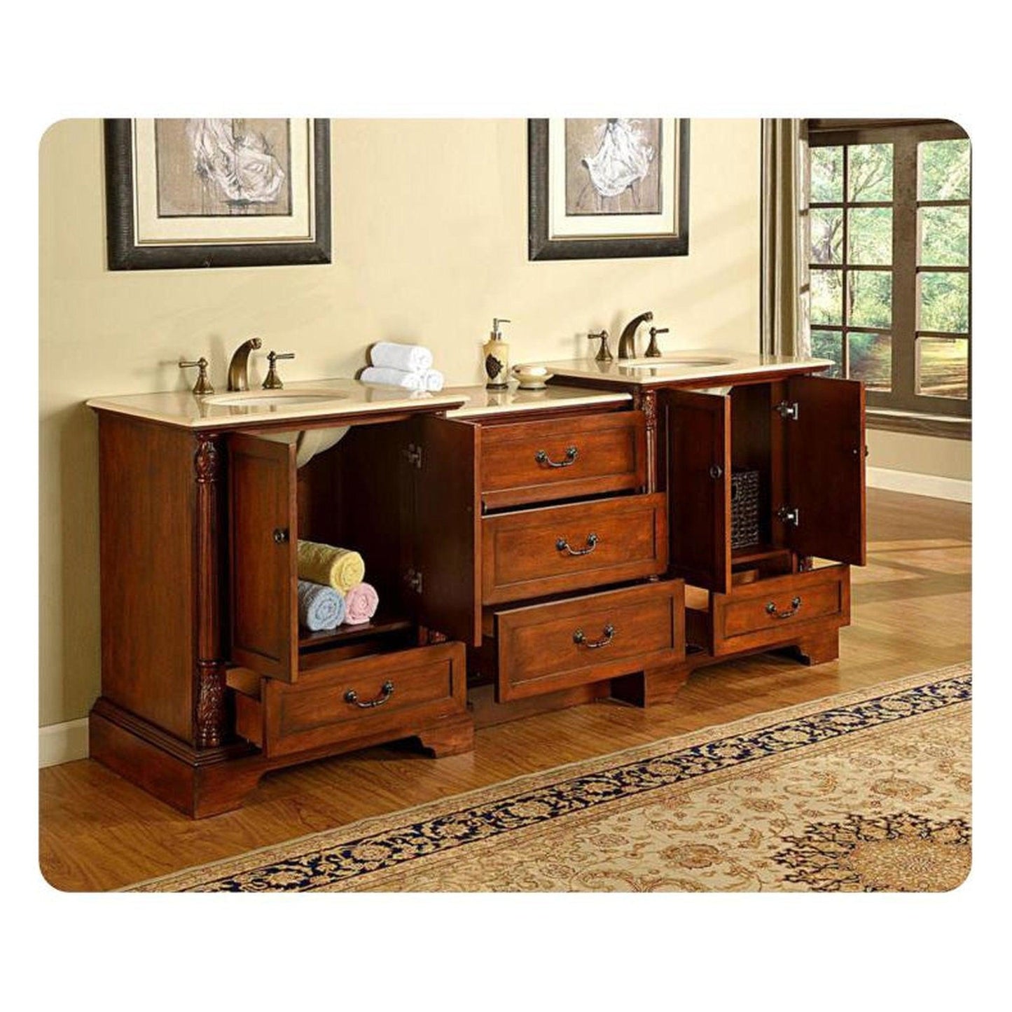 Silkroad Exclusive 87" Double Sink Walnut Modular Bathroom Vanity With Crema Marfil Marble Countertop and White Ceramic Undermount Sink - JB-0270-CM-UWC-87