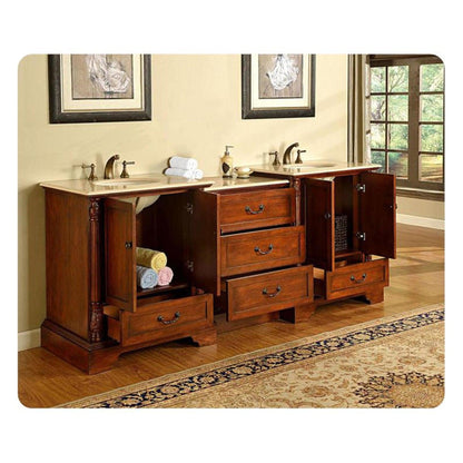 Silkroad Exclusive 87" Double Sink Walnut Modular Bathroom Vanity With Crema Marfil Marble Countertop and White Ceramic Undermount Sink - JB-0270-CM-UWC-87