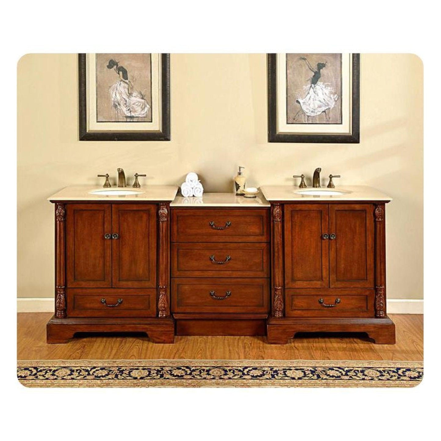 Silkroad Exclusive 87" Double Sink Walnut Modular Bathroom Vanity With Crema Marfil Marble Countertop and White Ceramic Undermount Sink - JB-0270-CM-UWC-87