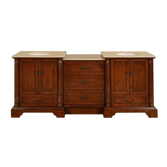 Silkroad Exclusive 87" Double Sink Walnut Modular Bathroom Vanity With Crema Marfil Marble Countertop and White Ceramic Undermount Sink - JB-0270-CM-UWC-87