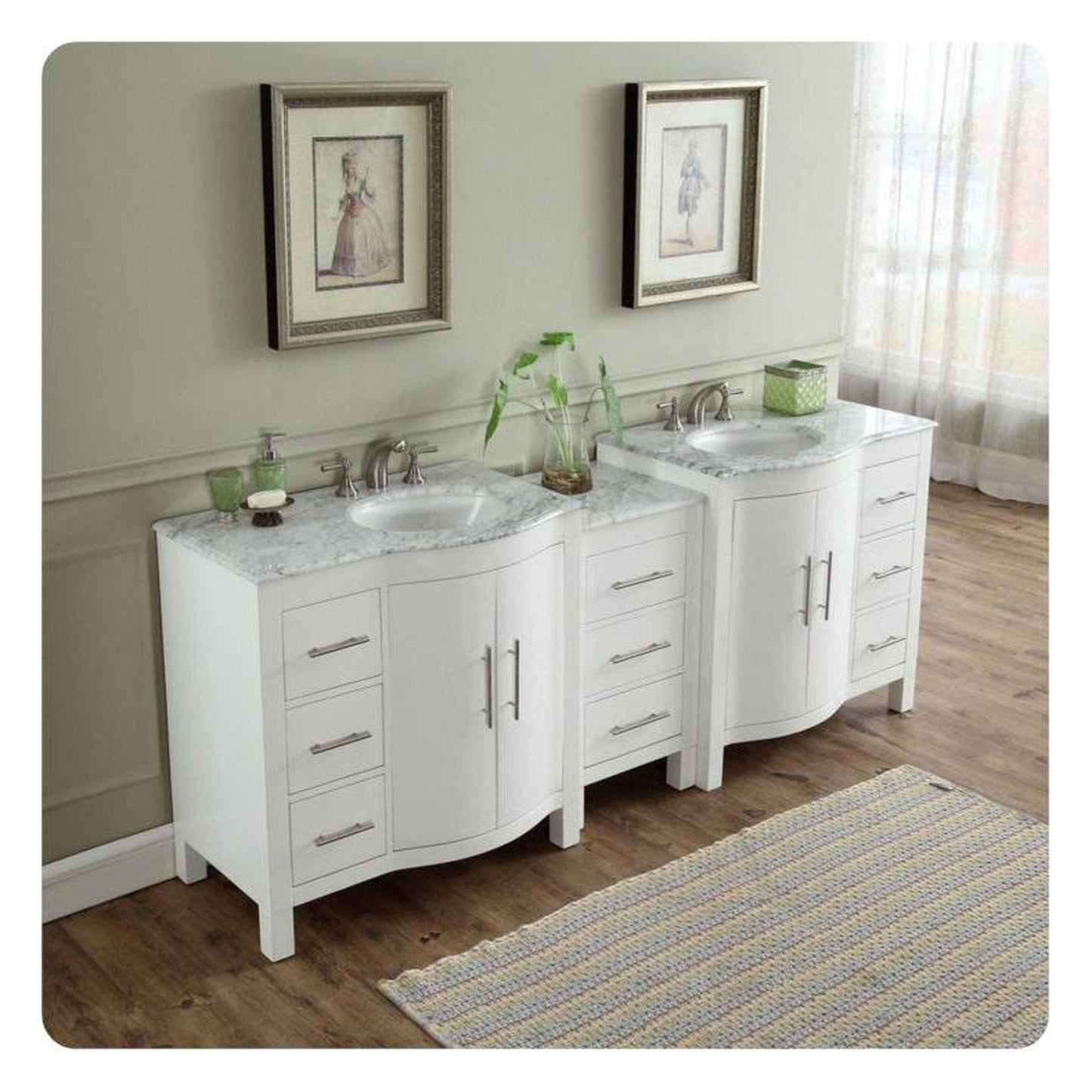 Silkroad Exclusive 89" Double Sink White Bathroom Vanity With Carrara White Marble Countertop and White Ceramic Undermount Sink - V0290WW89D