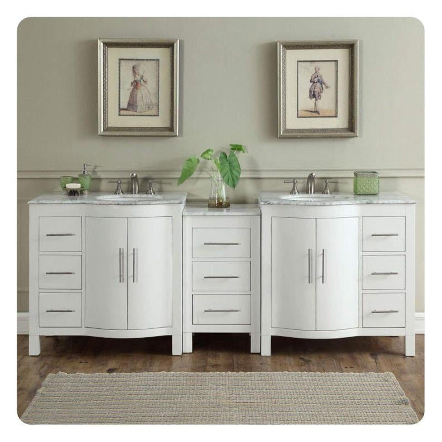 Silkroad Exclusive 89" Double Sink White Bathroom Vanity With Carrara White Marble Countertop and White Ceramic Undermount Sink - V0290WW89D