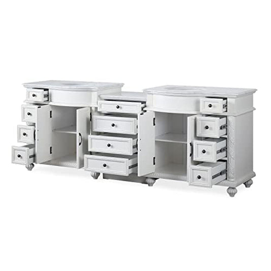 Silkroad Exclusive 90" Double Sink Antique White Modular Bathroom Vanity With Carrara White Marble Countertop and White Ceramic Undermount Sink - V0213WW90D