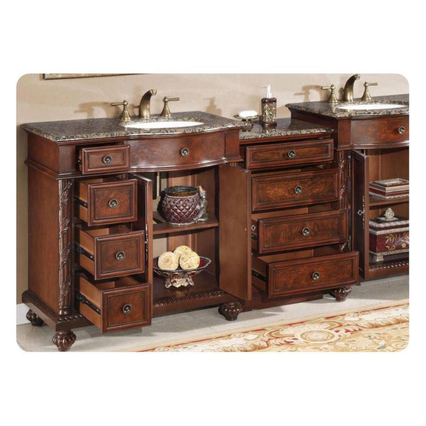 Silkroad Exclusive 90" Double Sink English Chestnut Modular Bathroom Vanity With Baltic Brown Granite Countertop, White Ceramic Undermount Sink and Drawer Bank Cabinet - HYP-0213-BB-UWC-90