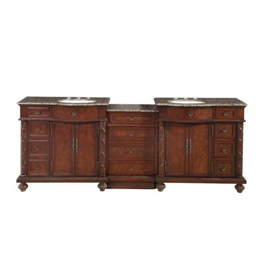 Silkroad Exclusive 90" Double Sink English Chestnut Modular Bathroom Vanity With Baltic Brown Granite Countertop, White Ceramic Undermount Sink and Drawer Bank Cabinet - HYP-0213-BB-UWC-90