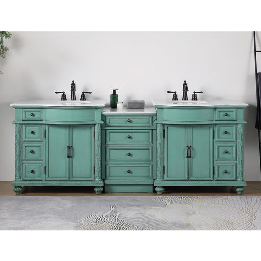 Silkroad Exclusive 90" Double Sink Vintage Green Modular Bathroom Vanity With Carrara White Marble Countertop and White Ceramic Undermount Sink - V0213NW90D