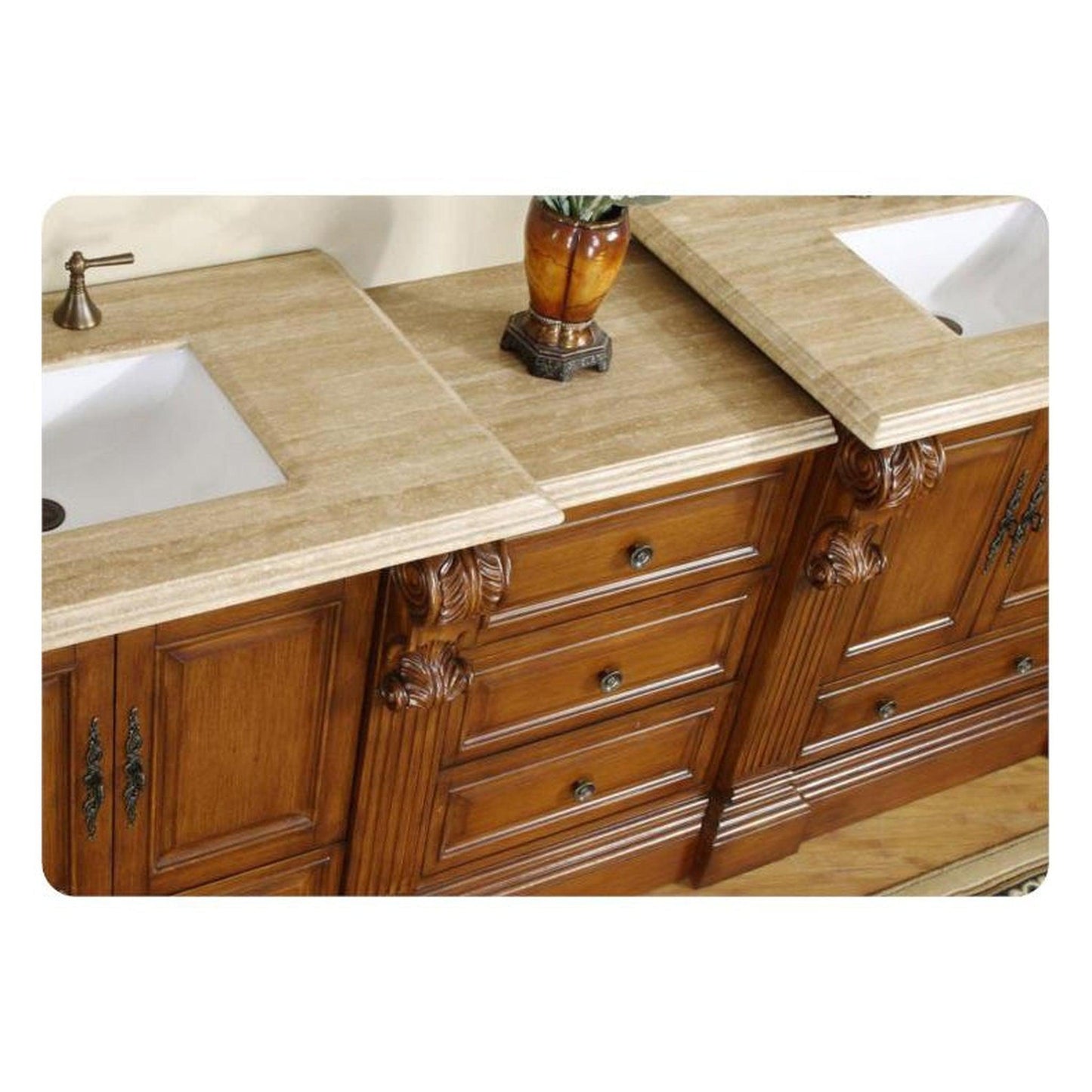 Silkroad Exclusive 95" Double Sink Cherry Modular Bathroom Vanity With Travertine Countertop and White Ceramic Undermount Sink
