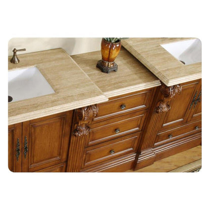 Silkroad Exclusive 95" Double Sink Cherry Modular Bathroom Vanity With Travertine Countertop and White Ceramic Undermount Sink