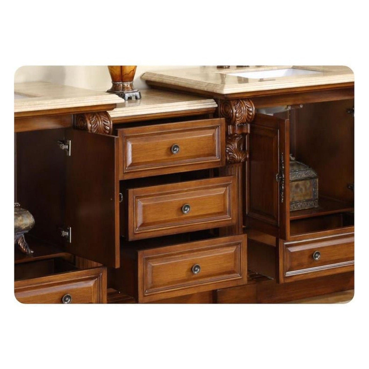 Silkroad Exclusive 95" Double Sink Cherry Modular Bathroom Vanity With Travertine Countertop and White Ceramic Undermount Sink