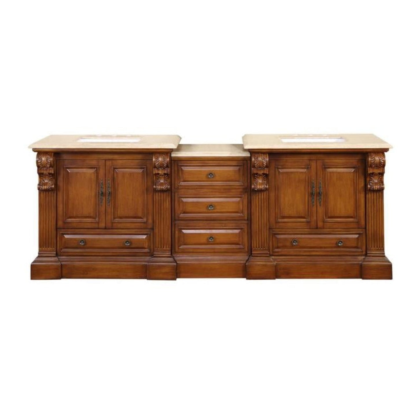 Silkroad Exclusive 95" Double Sink Cherry Modular Bathroom Vanity With Travertine Countertop and White Ceramic Undermount Sink - HYP-0907-T-UWC-95