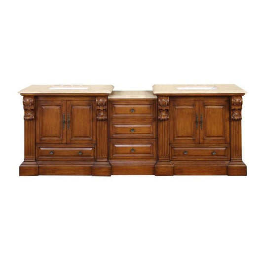 Silkroad Exclusive 95" Double Sink Cherry Modular Bathroom Vanity With Travertine Countertop and White Ceramic Undermount Sink - HYP-0907-T-UWC-95