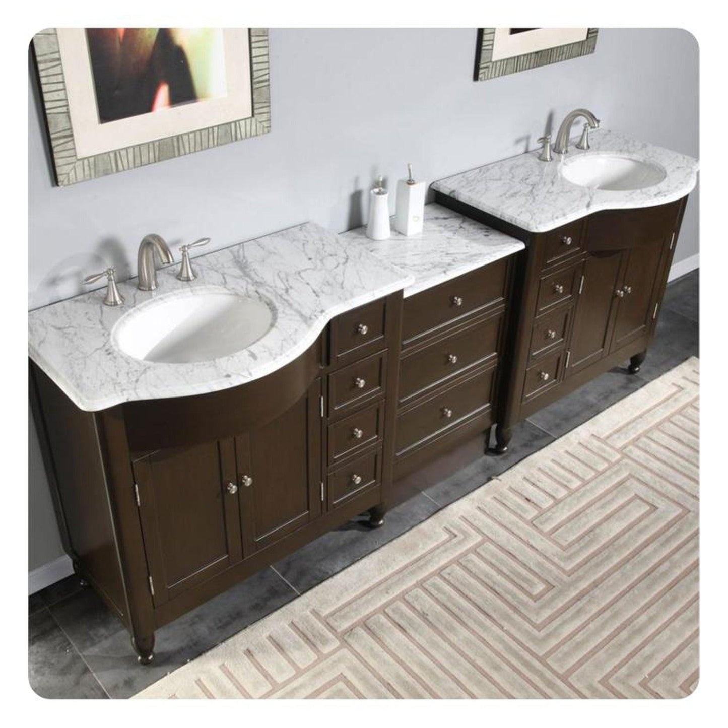 Silkroad Exclusive 95" Double Sink Dark Walnut Bathroom Modular Vanity With Carrara White Marble Countertop and White Ceramic Undermount Sink - HYP-0902-WM-UWC-95