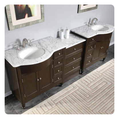 Silkroad Exclusive 95" Double Sink Dark Walnut Bathroom Modular Vanity With Carrara White Marble Countertop and White Ceramic Undermount Sink - HYP-0902-WM-UWC-95