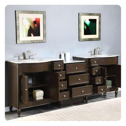 Silkroad Exclusive 95" Double Sink Dark Walnut Bathroom Modular Vanity With Carrara White Marble Countertop and White Ceramic Undermount Sink - HYP-0902-WM-UWC-95