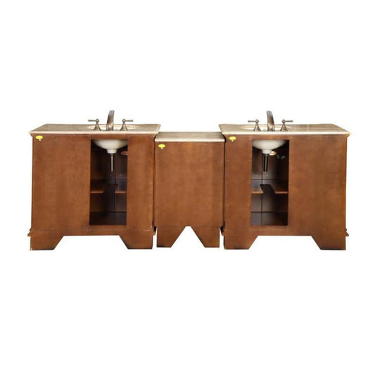 Silkroad Exclusive 95" Double Sink Walnut Modular Bathroom Vanity With Travertine Countertop and Ivory Ceramic Undermount Sink - HYP-0904-T-UIC-95