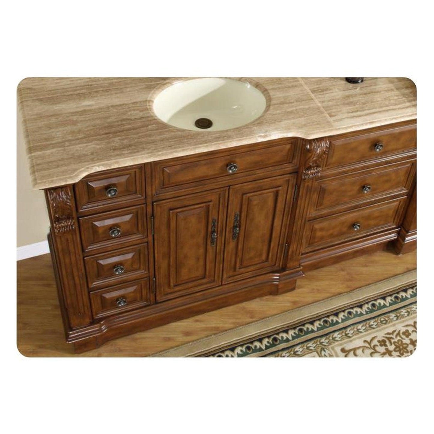 Silkroad Exclusive 95" Double Sink Walnut Modular Bathroom Vanity With Travertine Countertop and Ivory Ceramic Undermount Sink - HYP-0904-T-UIC-95