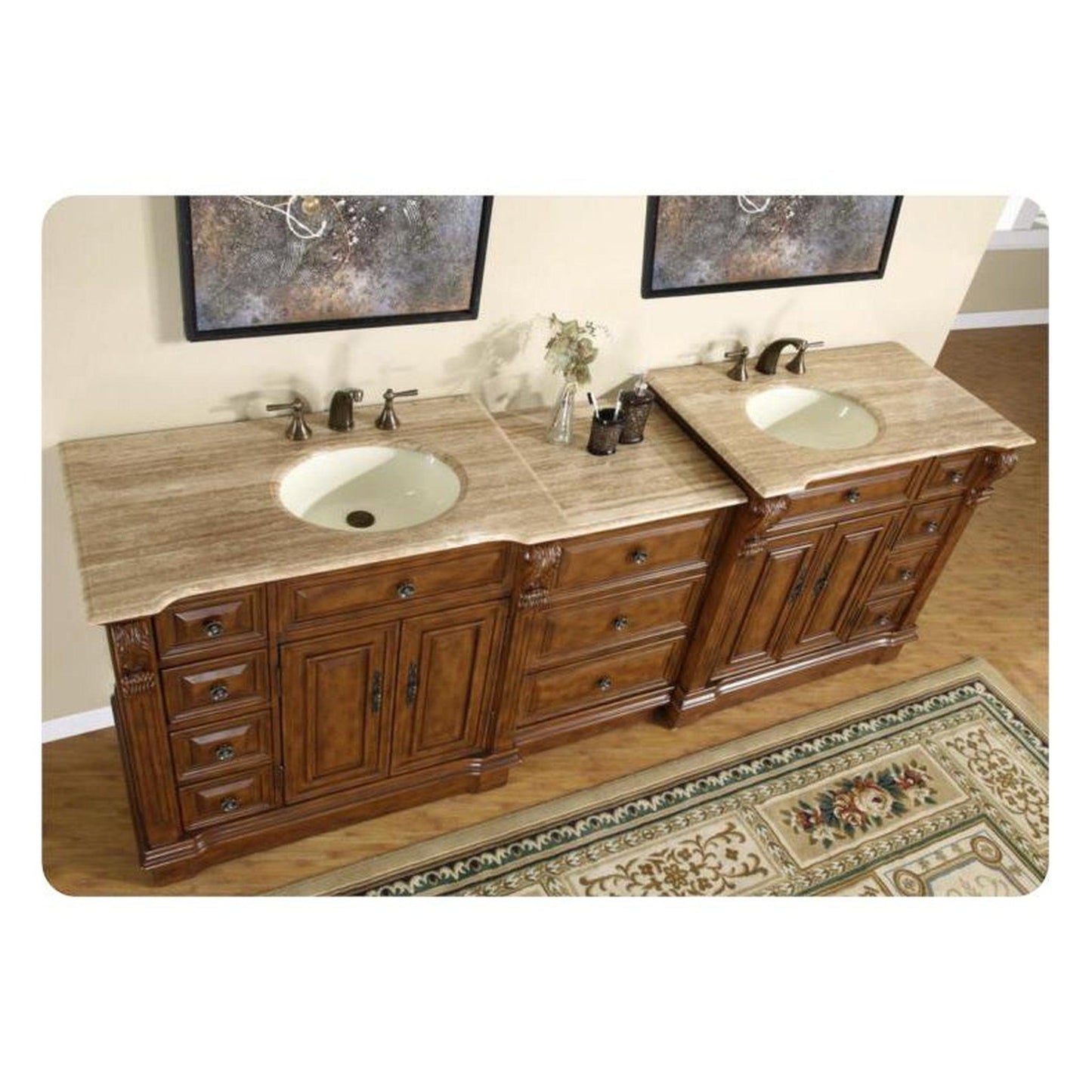 Silkroad Exclusive 95" Double Sink Walnut Modular Bathroom Vanity With Travertine Countertop and Ivory Ceramic Undermount Sink - HYP-0904-T-UIC-95