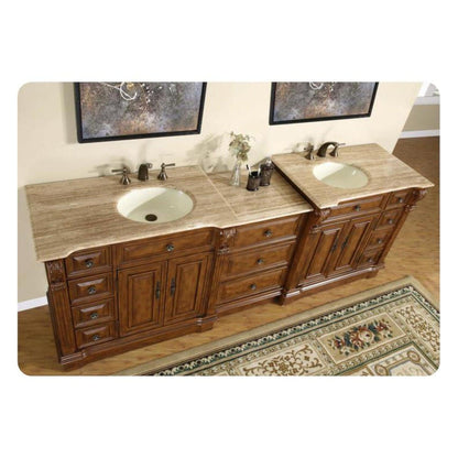 Silkroad Exclusive 95" Double Sink Walnut Modular Bathroom Vanity With Travertine Countertop and Ivory Ceramic Undermount Sink - HYP-0904-T-UIC-95