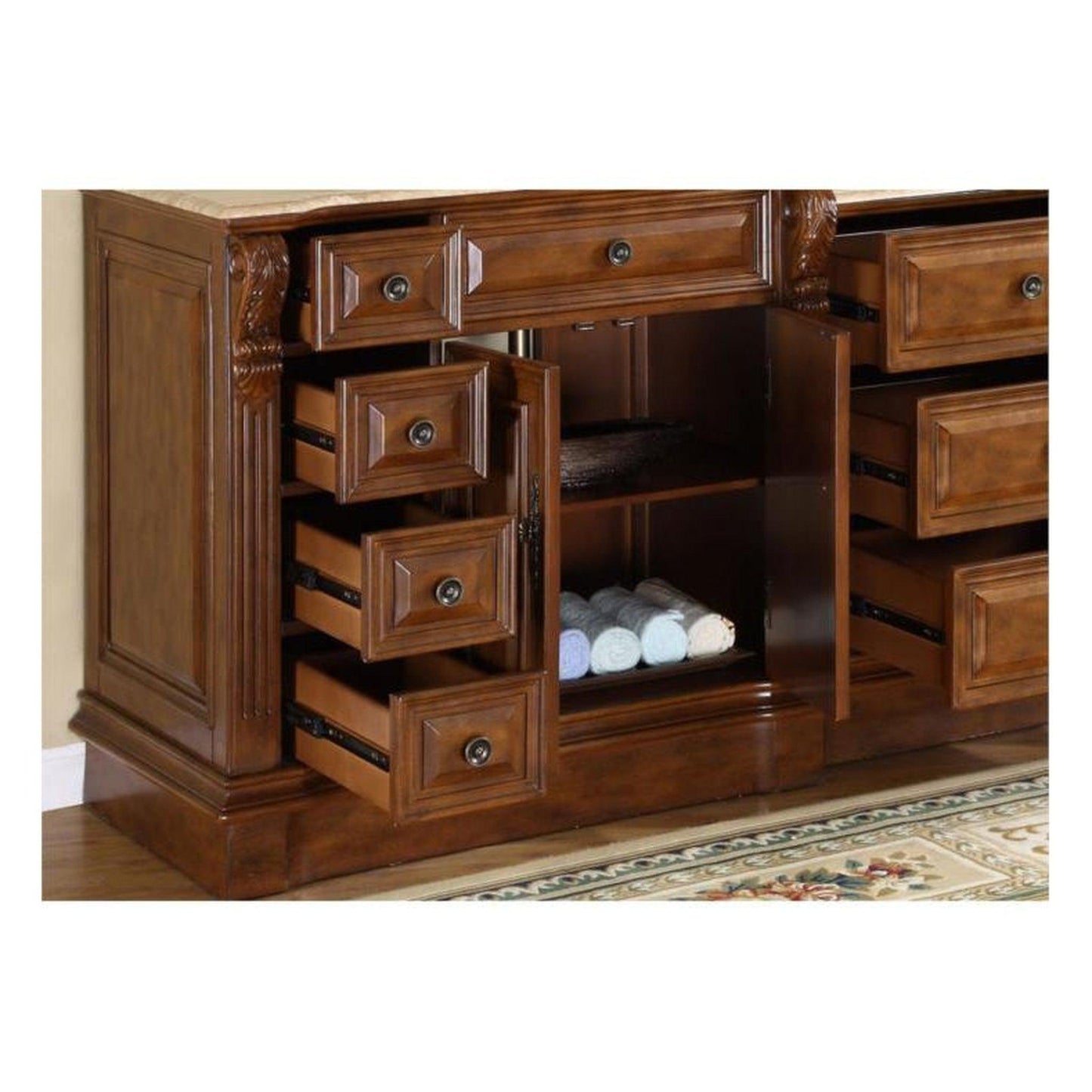 Silkroad Exclusive 95" Double Sink Walnut Modular Bathroom Vanity With Travertine Countertop and Ivory Ceramic Undermount Sink - HYP-0904-T-UIC-95