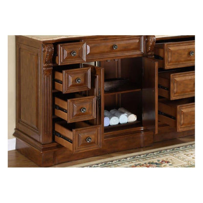 Silkroad Exclusive 95" Double Sink Walnut Modular Bathroom Vanity With Travertine Countertop and Ivory Ceramic Undermount Sink - HYP-0904-T-UIC-95