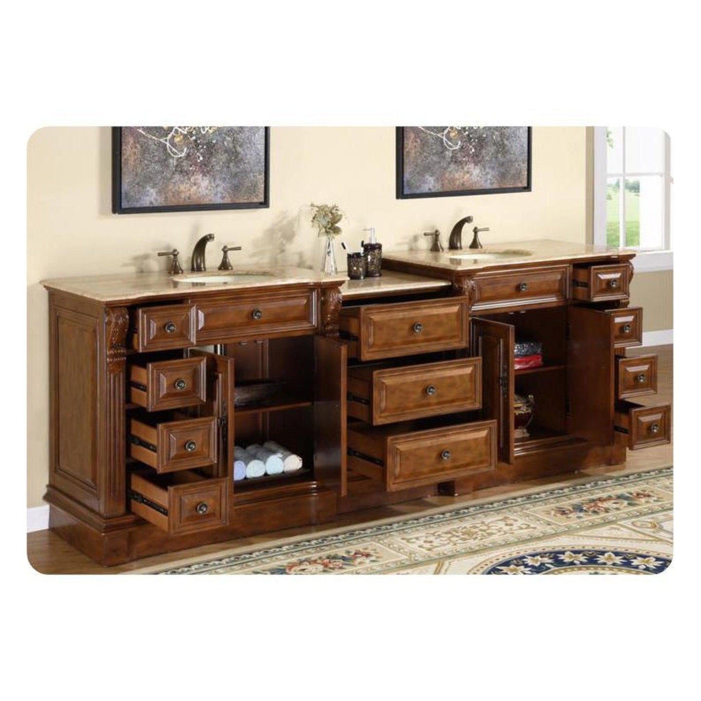 Silkroad Exclusive 95" Double Sink Walnut Modular Bathroom Vanity With Travertine Countertop and Ivory Ceramic Undermount Sink - HYP-0904-T-UIC-95