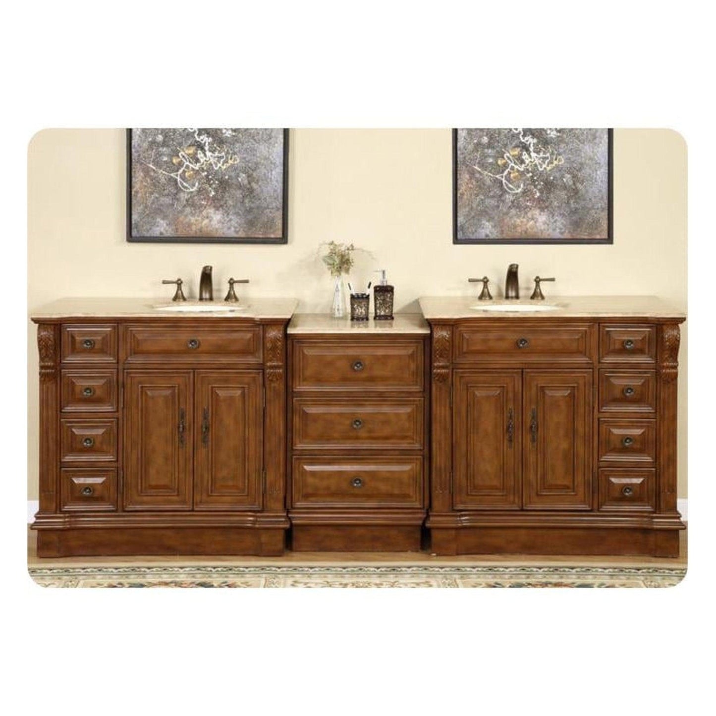 Silkroad Exclusive 95" Double Sink Walnut Modular Bathroom Vanity With Travertine Countertop and Ivory Ceramic Undermount Sink - HYP-0904-T-UIC-95