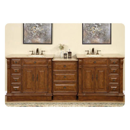 Silkroad Exclusive 95" Double Sink Walnut Modular Bathroom Vanity With Travertine Countertop and Ivory Ceramic Undermount Sink - HYP-0904-T-UIC-95