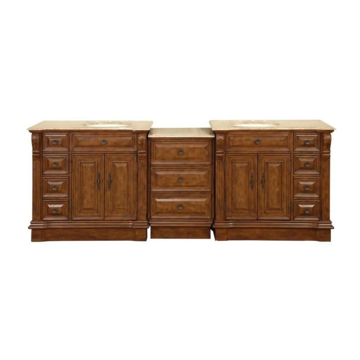 Silkroad Exclusive 95" Double Sink Walnut Modular Bathroom Vanity With Travertine Countertop and Ivory Ceramic Undermount Sink - HYP-0904-T-UIC-95