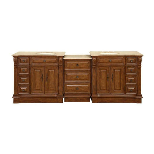 Silkroad Exclusive 95" Double Sink Walnut Modular Bathroom Vanity With Travertine Countertop and Ivory Ceramic Undermount Sink - HYP-0904-T-UIC-95