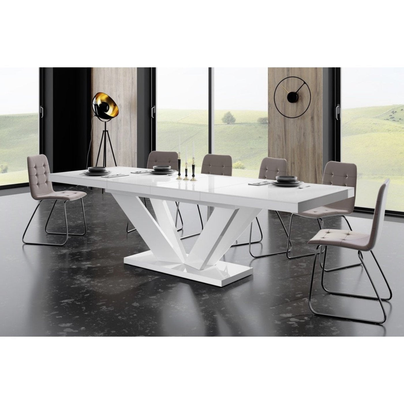 Maxima House Dining Set AVIVA II 7 pcs. modern glossy Dining Table with 2 self-starting leaves plus 6 chairs - HU0053K-321G