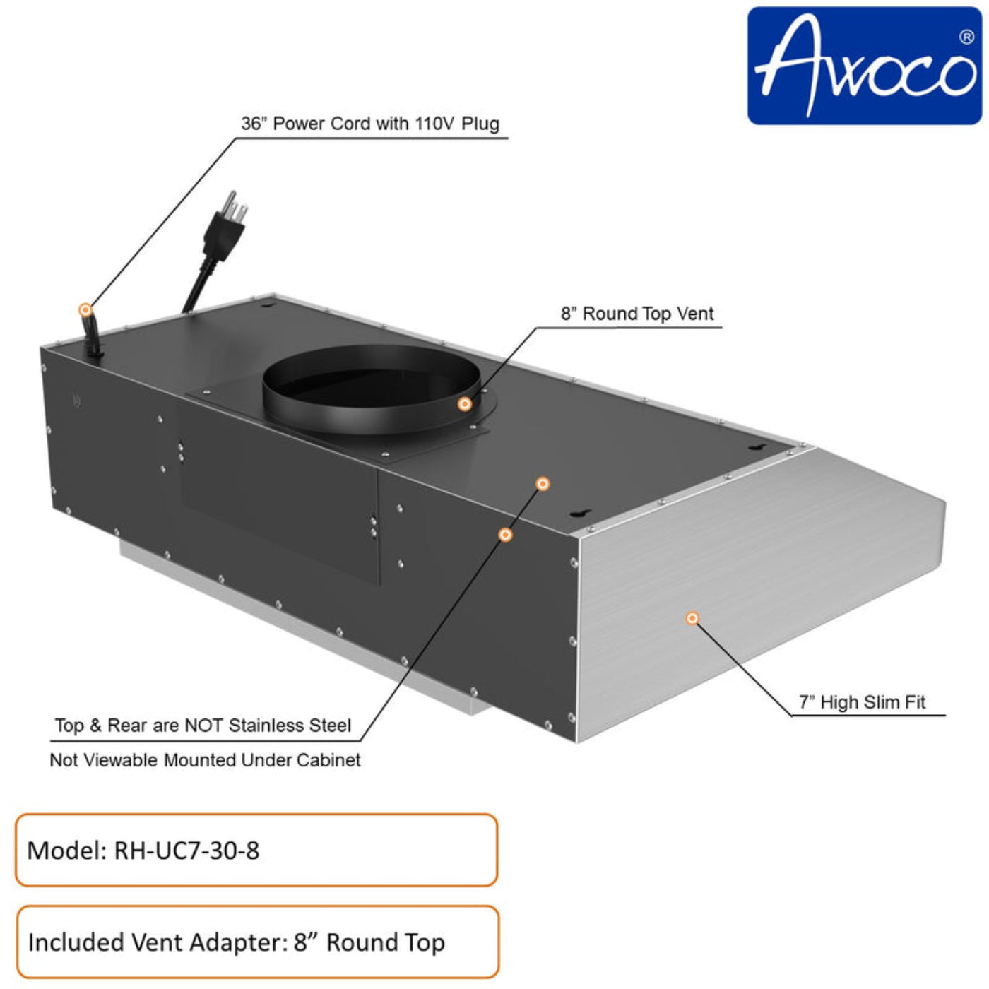 Awoco RH-UC7 30" Under Cabinet 7” High Stainless Steel Range Hood, 6 Speeds with Gesture Sensing Touch Control Panel, 900 CFM with Remote Control, 5W LED Light Bar -  RH-UC7-30-6