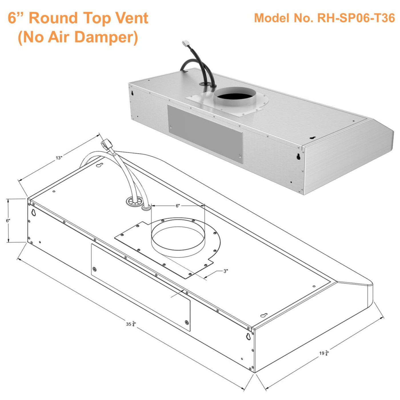 Awoco RH-SP06-T Super Quiet Split Stainless Steel Range Hood, 4 Speeds, 6" Round Top Vent, 800CFM, with LED Lights - RH-SP06-T30