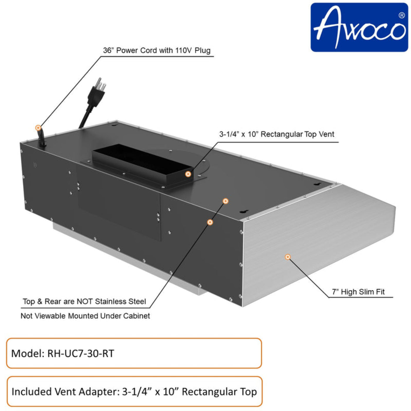 Awoco RH-UC7 30" Under Cabinet 7” High Stainless Steel Range Hood, 6 Speeds with Gesture Sensing Touch Control Panel, 900 CFM with Remote Control, 5W LED Light Bar - RH-UC7-30-6