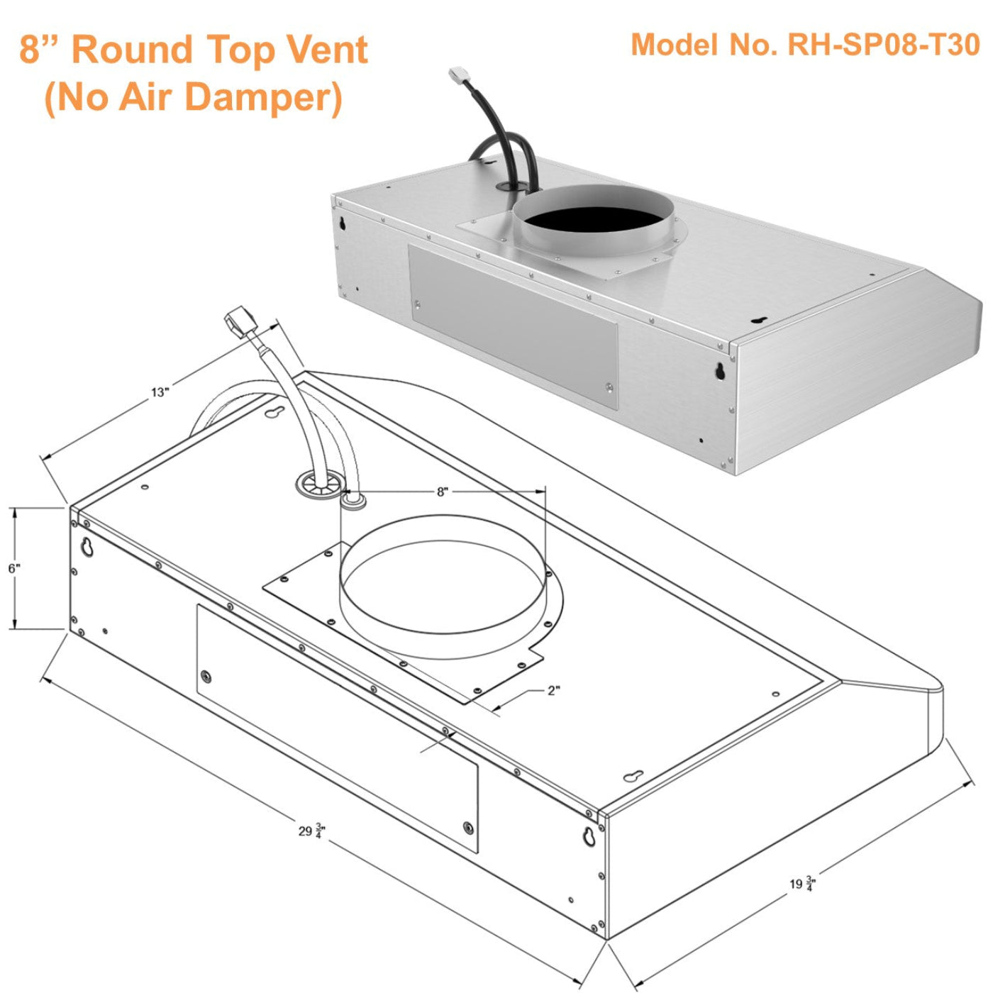 Awoco RH-SP08-T Super Quiet Split Stainless Steel Under Cabinet Range Hood, 4 Speeds, 8" Round Top Vent, 1000CFM, with LED Lights - RH-SP08-T30