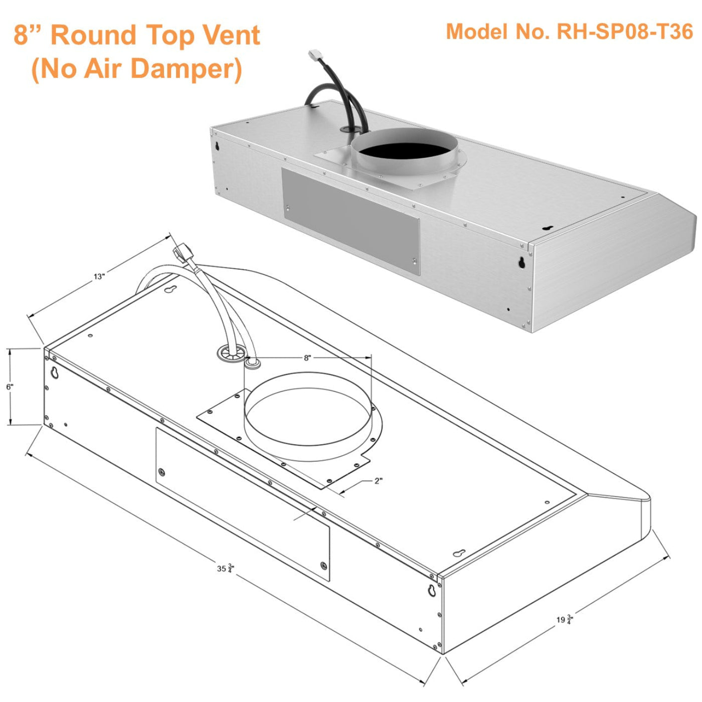 Awoco RH-SP08-T Super Quiet Split Stainless Steel Under Cabinet Range Hood, 4 Speeds, 8" Round Top Vent, 1000CFM, with LED Lights - RH-SP08-T30