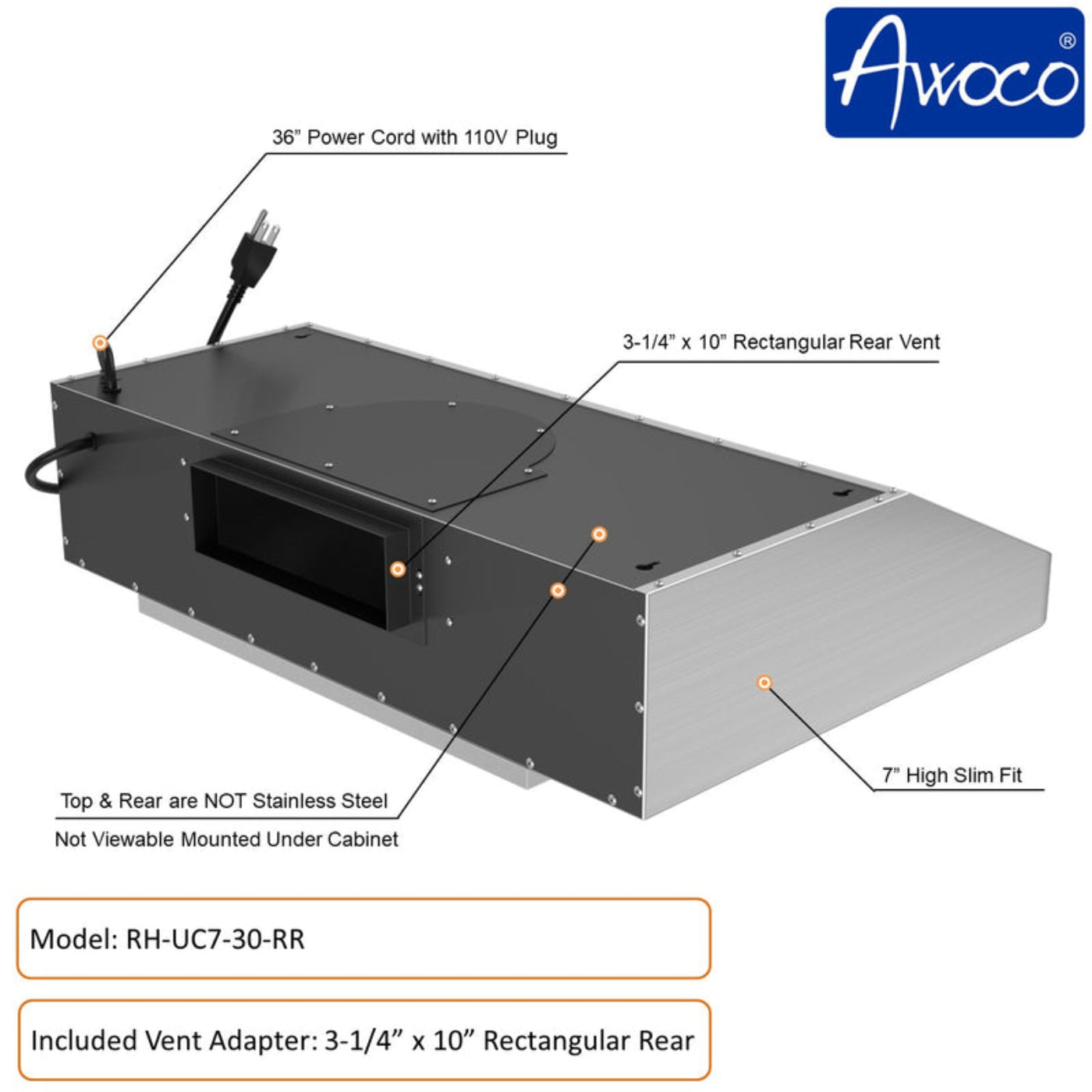 Awoco RH-UC7 30" Under Cabinet 7” High Stainless Steel Range Hood, 6 Speeds with Gesture Sensing Touch Control Panel, 900 CFM with Remote Control, 5W LED Light Bar - RH-UC7-30-6