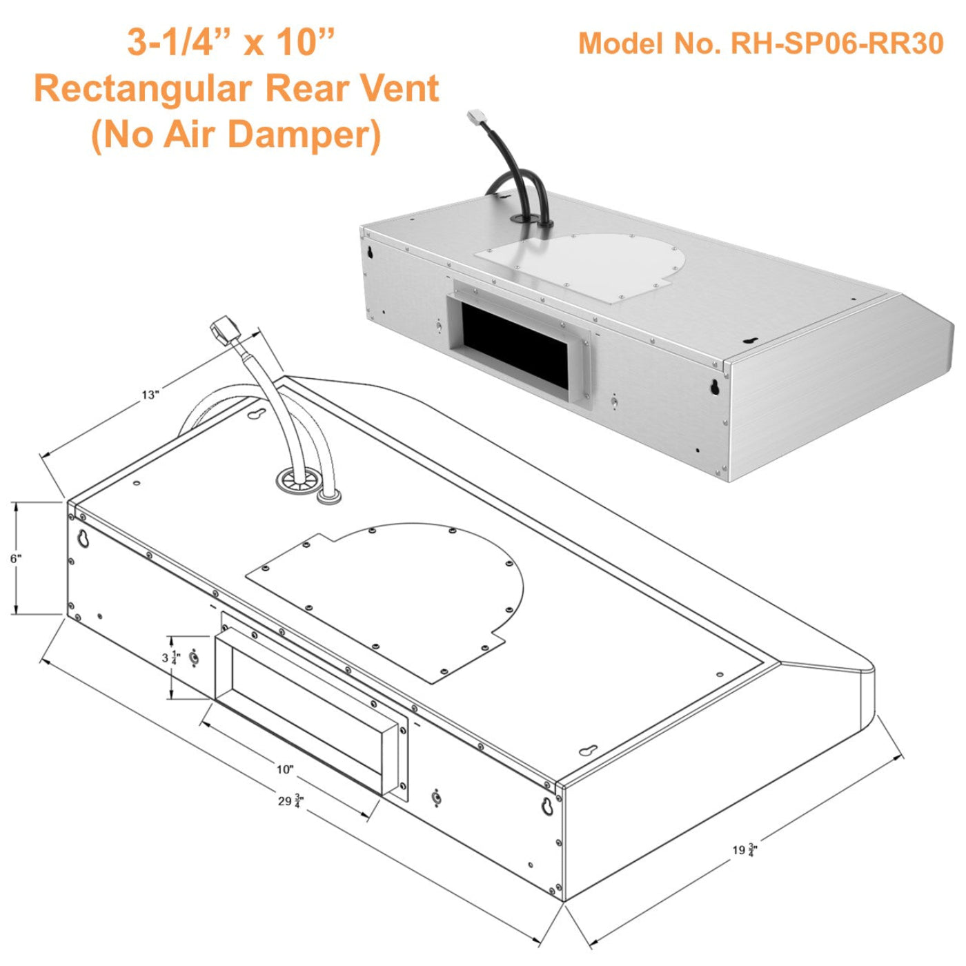 Awoco RH-SP06-RR Super Quiet Split Stainless Steel Range Hood, 4 Speeds, 800CFM, Rectangular Rear Vent with LED Lights - RH-SP06-RR30