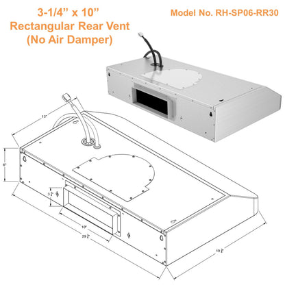 Awoco RH-SP06-RR Super Quiet Split Stainless Steel Range Hood, 4 Speeds, 800CFM, Rectangular Rear Vent with LED Lights - RH-SP06-RR30