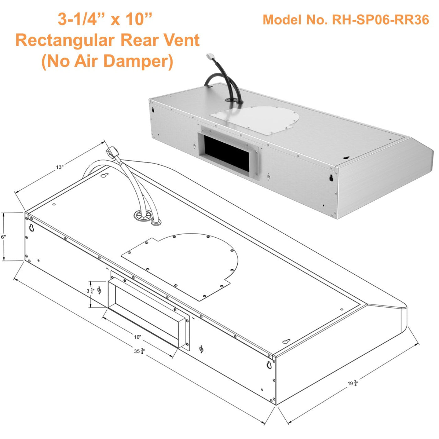 Awoco RH-SP06-RR Super Quiet Split Stainless Steel Range Hood, 4 Speeds, 800CFM, Rectangular Rear Vent with LED Lights - RH-SP06-RR30