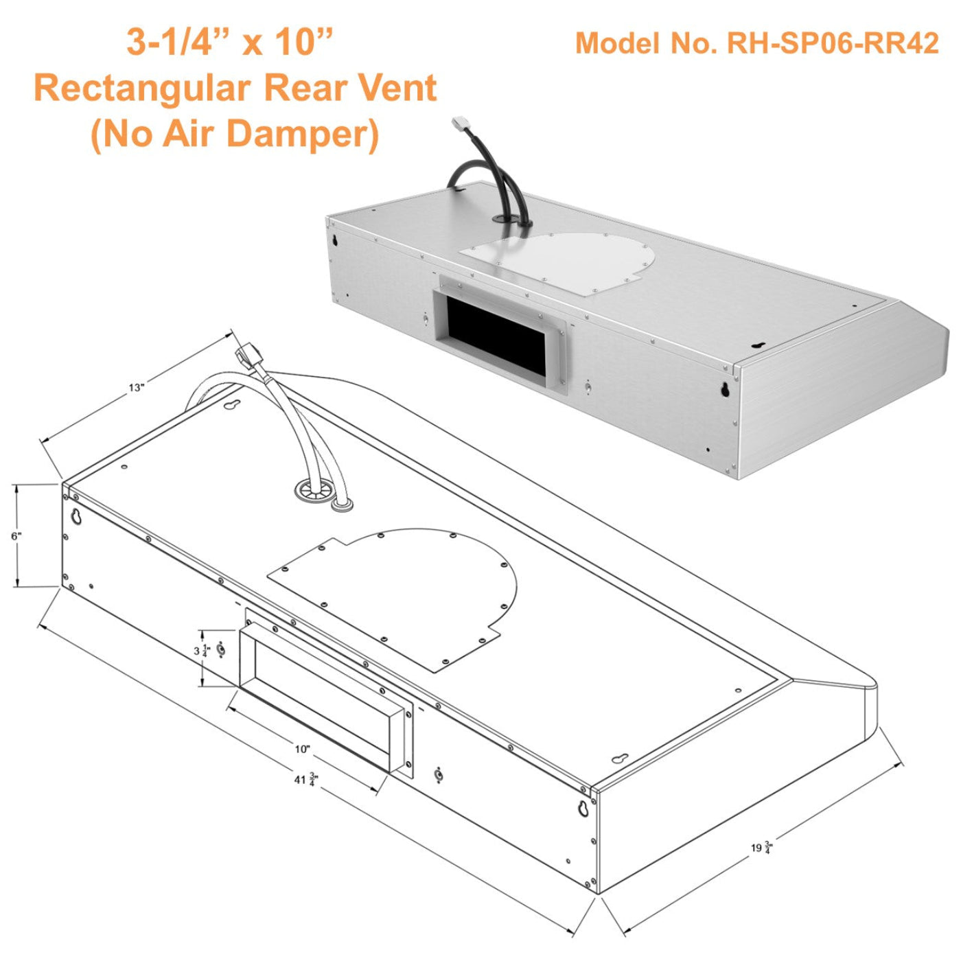 Awoco RH-SP06-RR Super Quiet Split Stainless Steel Range Hood, 4 Speeds, 800CFM, Rectangular Rear Vent with LED Lights - RH-SP06-RR30