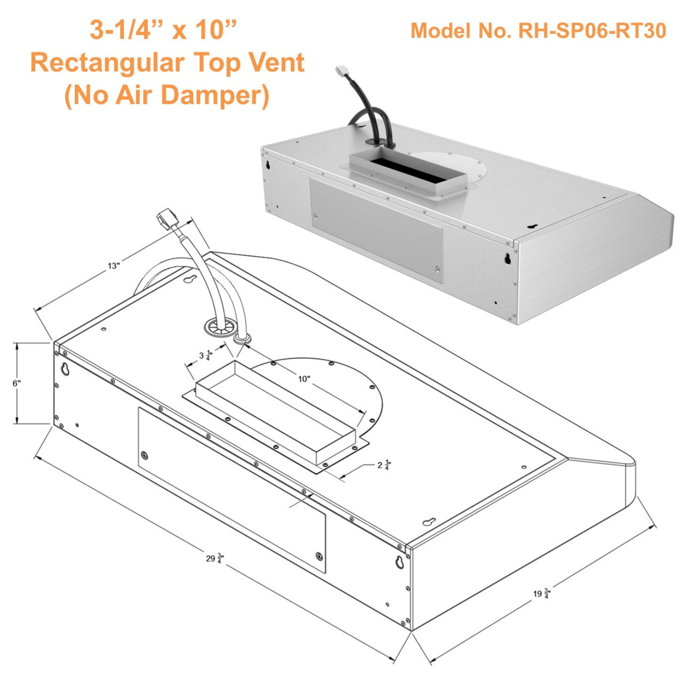 Awoco RH-SP06-RT Super Quiet Split Stainless Steel Range Hood, 4 Speeds, 800CFM, Rectangular Top Vent with LED Lights - RH-SP06-RT30