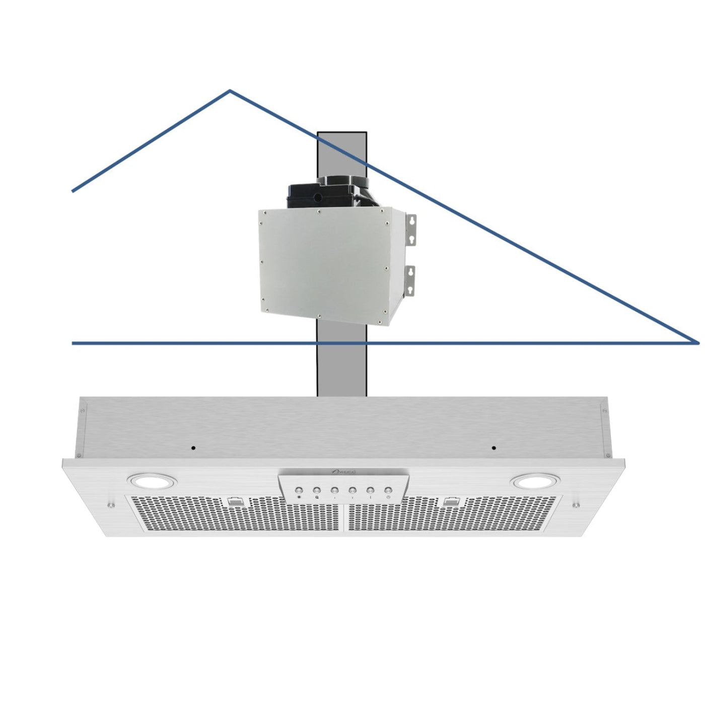 Awoco RH-IT06-M 14-1/2"D Super Quiet Split Insert Stainless Steel Range Hood, 4 Speeds With A 6" Blower Unit, 800CFM, Mesh Filters, LED Lights - RH-IT06-M30-COLD-MESH