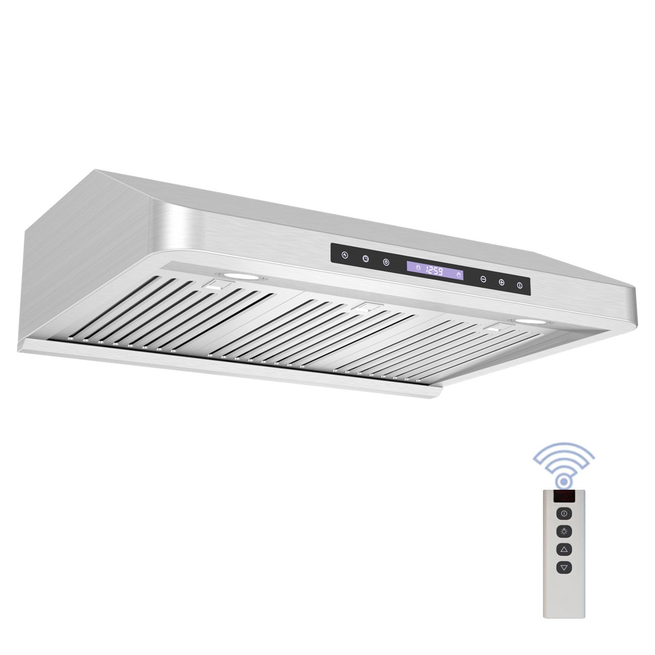 Awoco RH-S10-MS Under Cabinet Supreme 7” High Stainless Steel Range Hood, 4 Speeds with Gesture Sensing Touch Control Panel, 8” Round Top Vent, 1000 CFM with Remote Control & LED Lights - RH-S10-30MS