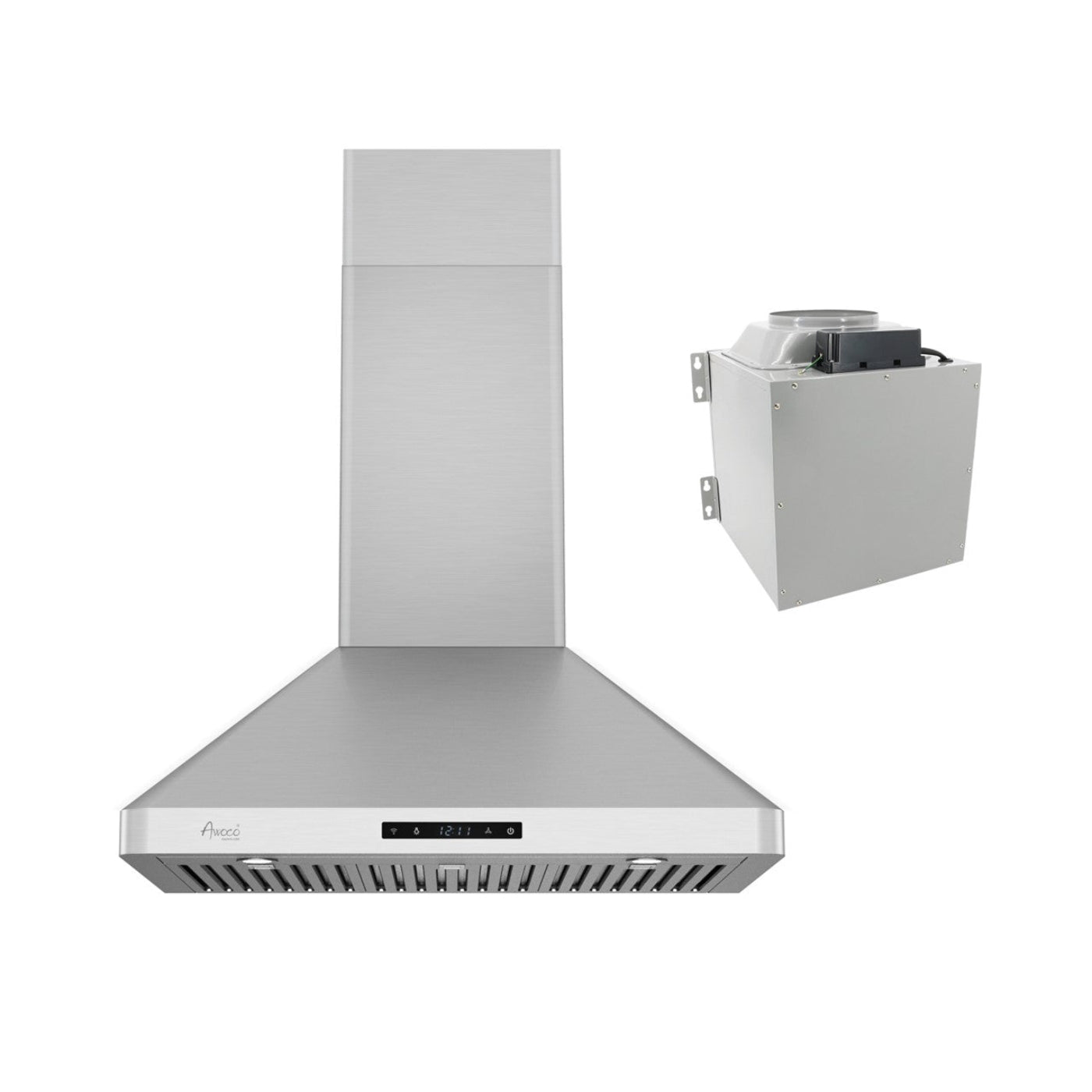 Awoco RH-WT-C Wall Mount Stainless Steel Range Hood, 3 Speeds, 1000CFM, 2 LED Lights, Remote Control, With 8” Blower Unit - RH-WT-C30+RH-SP08-BLW