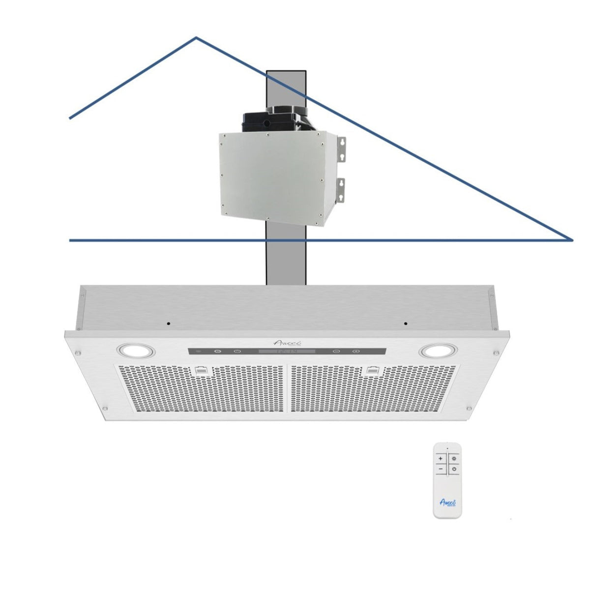 Awoco RH-IT06-R Ceiling Mount 14-1/2”D Super Quiet Split Stainless Steel Range Hood, 4-Speed, 800 CFM, Mesh Filters, Remote Control with 6” Blower - RH-IT06-R30-COLD