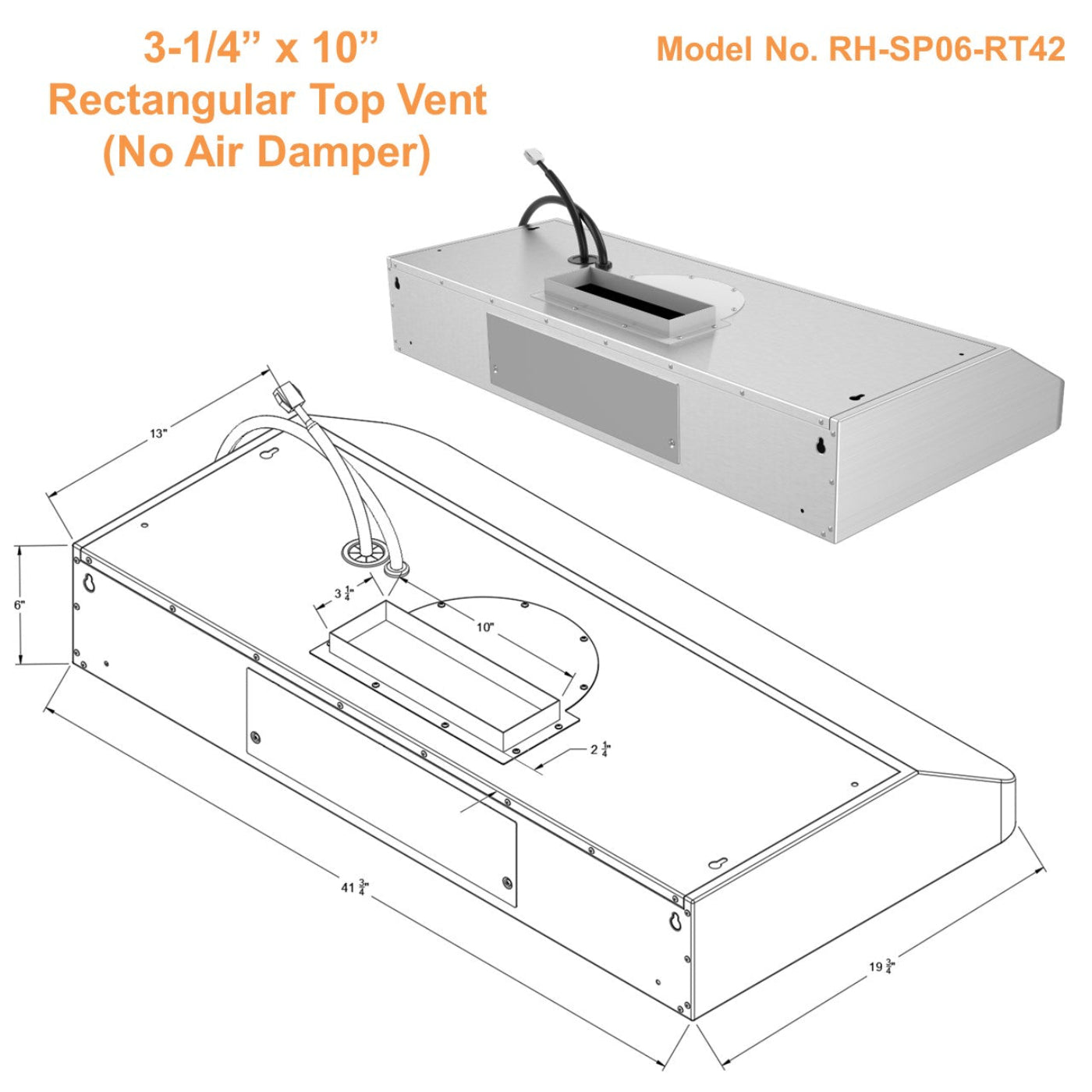 Awoco RH-SP06-RT Super Quiet Split Stainless Steel Range Hood, 4 Speeds, 800CFM, Rectangular Top Vent with LED Lights - RH-SP06-RT30