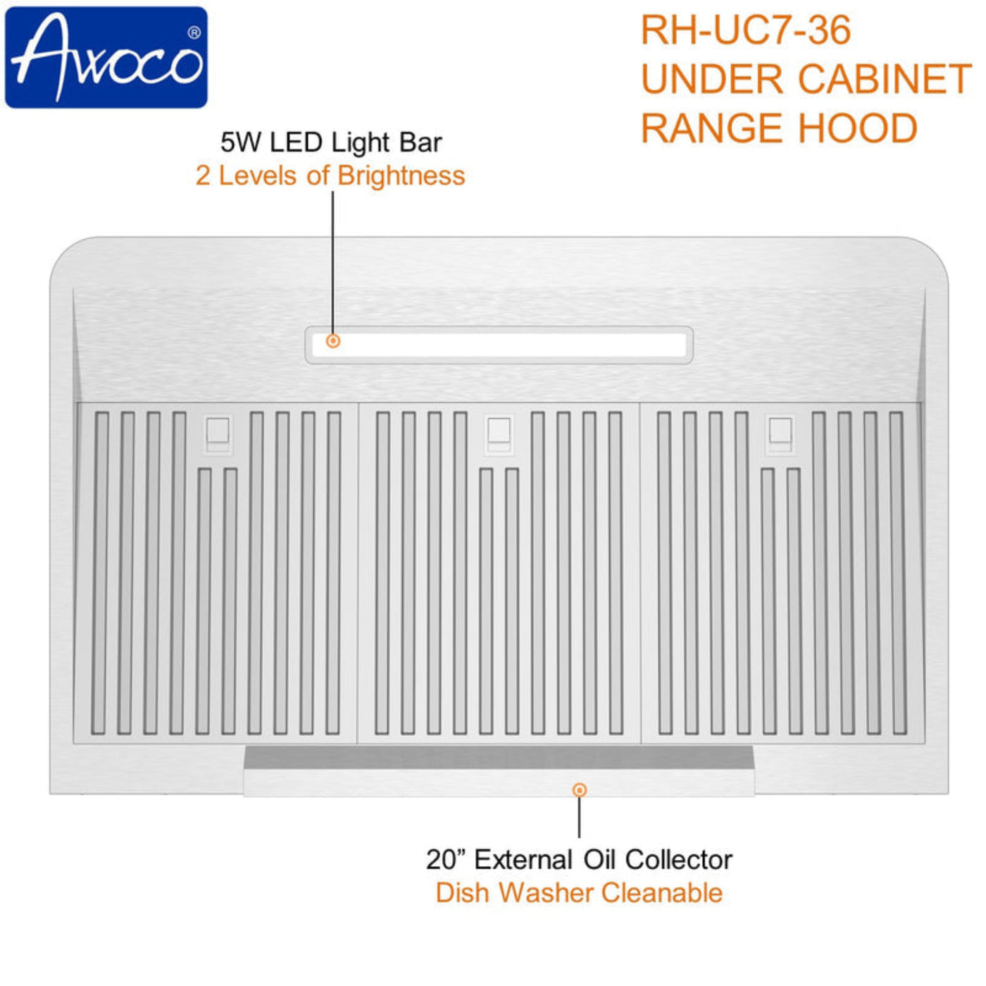 Awoco RH-UC7 36” Under Cabinet 7” High Stainless Steel Range Hood, 6 Speeds with Gesture Sensing Touch Control Panel, 900 CFM with Remote Control, 5W LED Light Bar -  RH-UC7-36-6