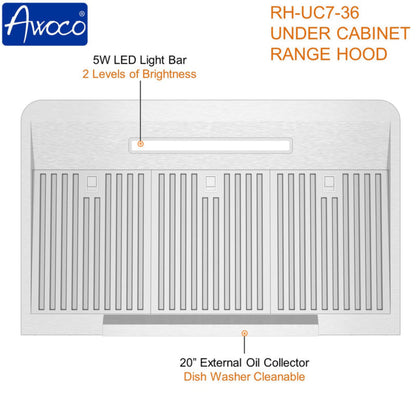 Awoco RH-UC7 36” Under Cabinet 7” High Stainless Steel Range Hood, 6 Speeds with Gesture Sensing Touch Control Panel, 900 CFM with Remote Control, 5W LED Light Bar -  RH-UC7-36-6